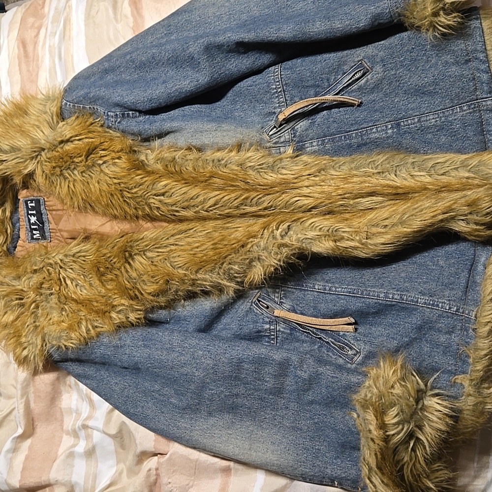 Mixit Blue Denim Jacket with Tan Faux Fur
